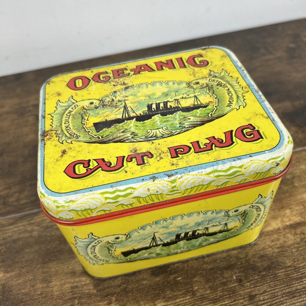 VINTAGE ADVERTISING OCEANIC CUT PLUG CASKET CANISTER TIN COLLECTIBLE